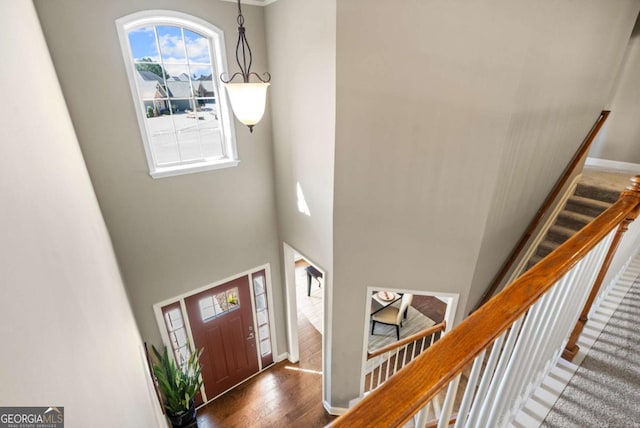 foyer entrance with stairs, a high ceiling, wood finished floors, and baseboards