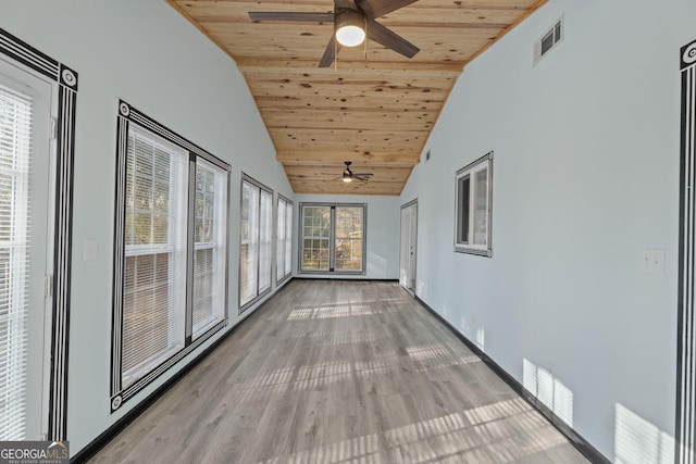 unfurnished sunroom with visible vents, lofted ceiling, wood ceiling, and a ceiling fan