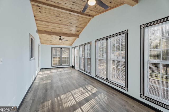 unfurnished sunroom with wood ceiling, vaulted ceiling, and ceiling fan