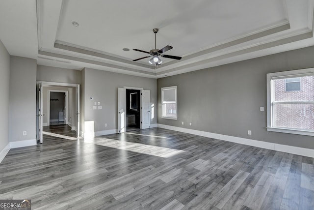 interior space featuring a raised ceiling, baseboards, and wood finished floors