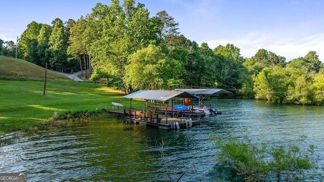 dock area with a yard and a water view