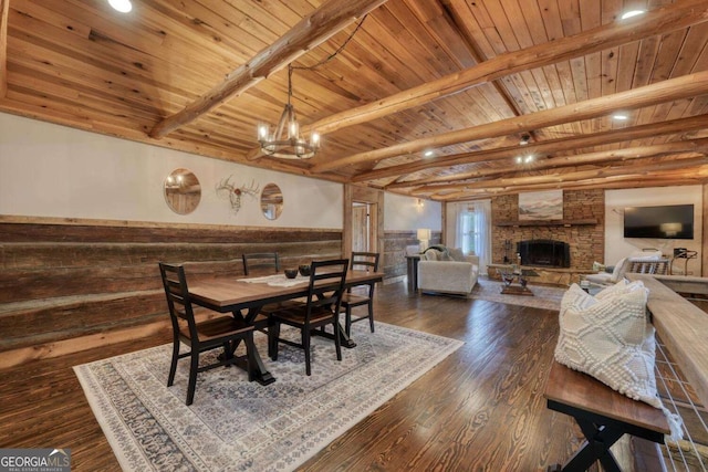 dining room featuring wooden ceiling, wainscoting, a stone fireplace, and beam ceiling