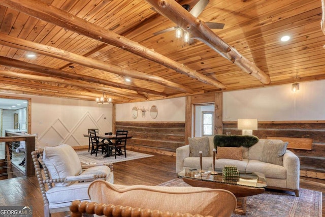 living area with wooden ceiling, wainscoting, beam ceiling, and wood finished floors