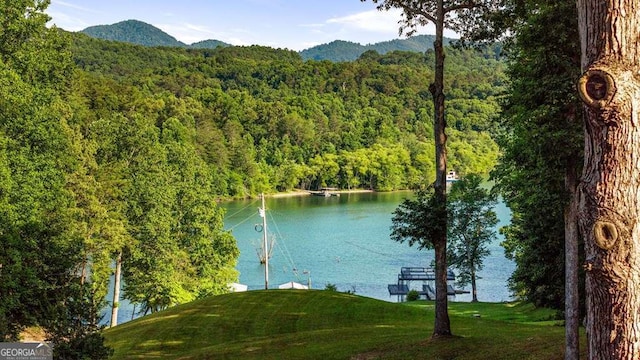 view of water feature featuring a mountain view and a view of trees