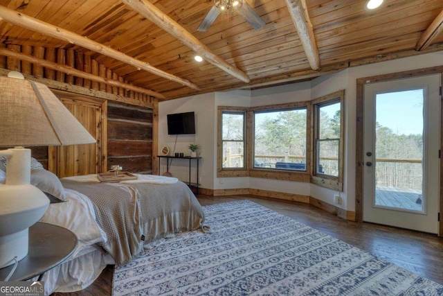 bedroom with wooden ceiling, multiple windows, and vaulted ceiling with beams