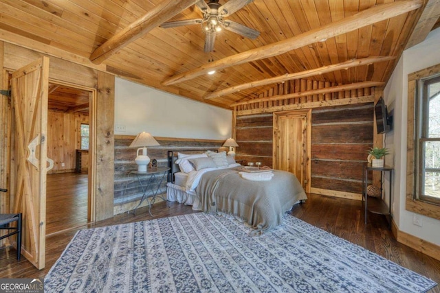 bedroom with vaulted ceiling with beams, wooden ceiling, wood finished floors, and wooden walls