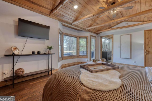 bedroom with wooden ceiling, vaulted ceiling with beams, baseboards, and wood finished floors