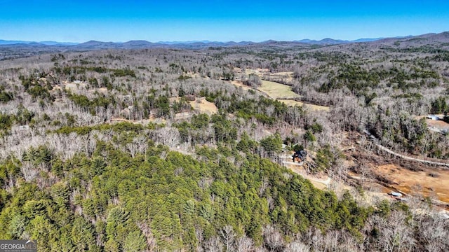 aerial view featuring a wooded view and a mountain view