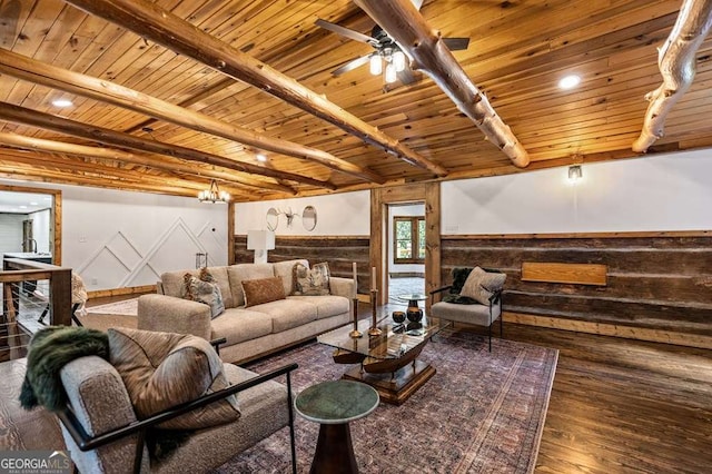 living area with hardwood / wood-style flooring, wooden ceiling, beam ceiling, and a wainscoted wall