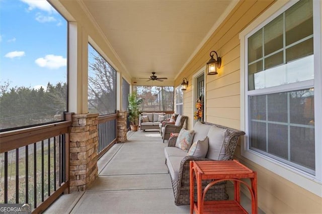 exterior space featuring an outdoor living space, a porch, and a ceiling fan