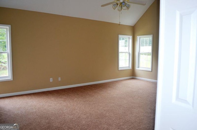 carpeted empty room with a healthy amount of sunlight, baseboards, a ceiling fan, and lofted ceiling