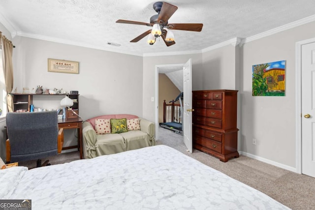 carpeted bedroom featuring crown molding, visible vents, a ceiling fan, a textured ceiling, and baseboards