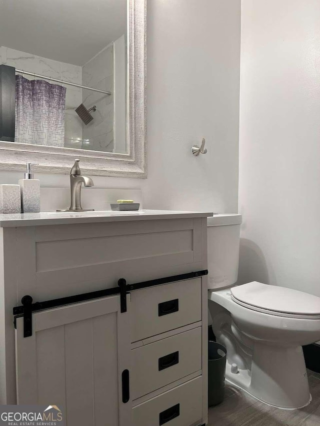 full bathroom featuring toilet, vanity, and a shower with curtain