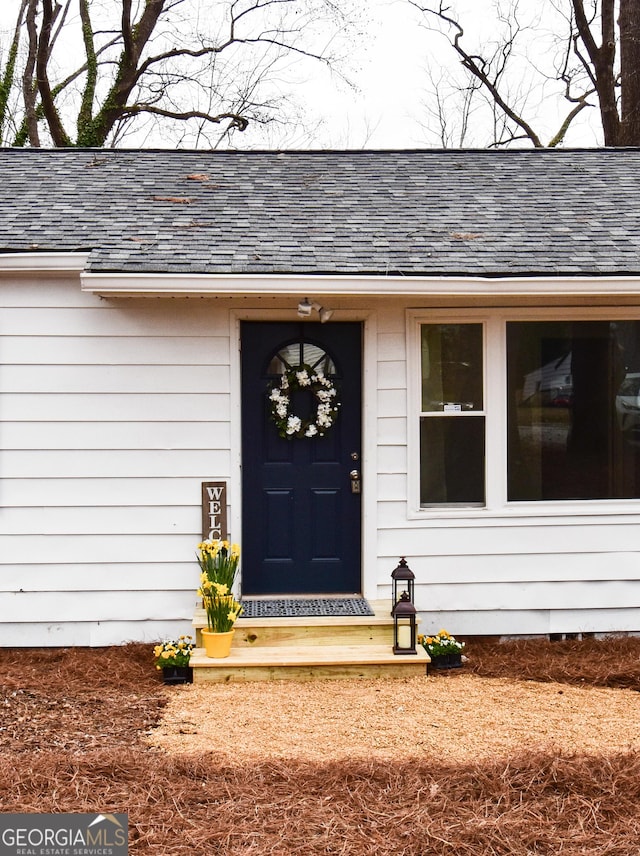 view of exterior entry featuring a shingled roof