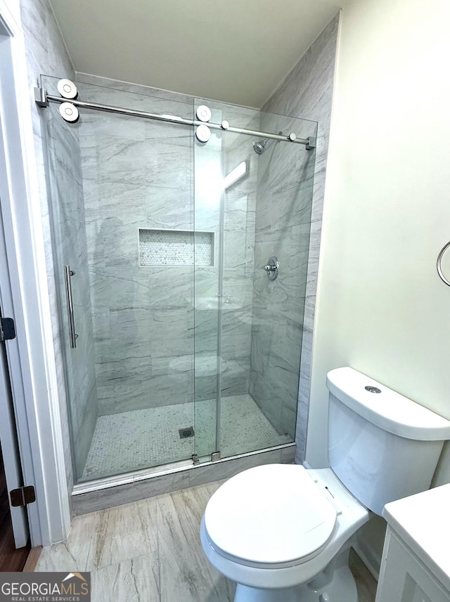 bathroom featuring toilet, a shower stall, and vanity