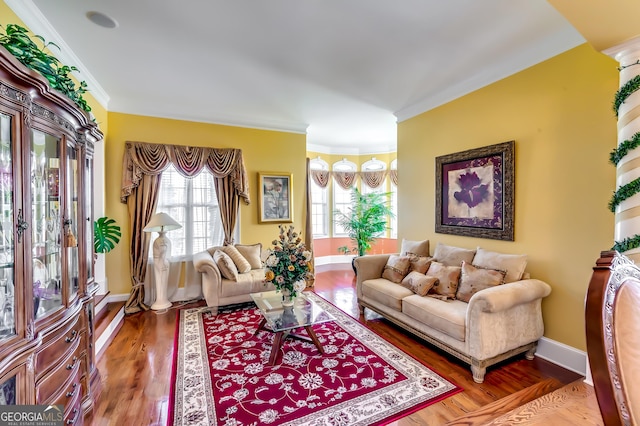 living area with crown molding, baseboards, and wood finished floors