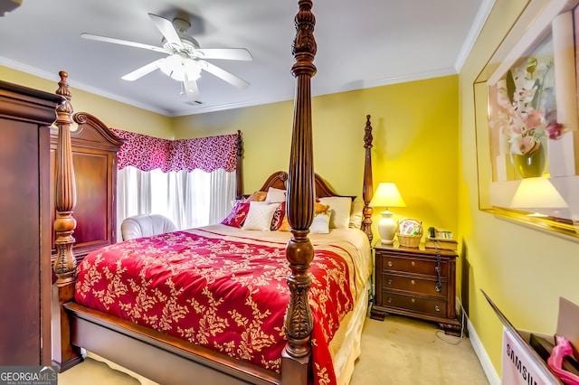 carpeted bedroom with ornamental molding, visible vents, baseboards, and a ceiling fan