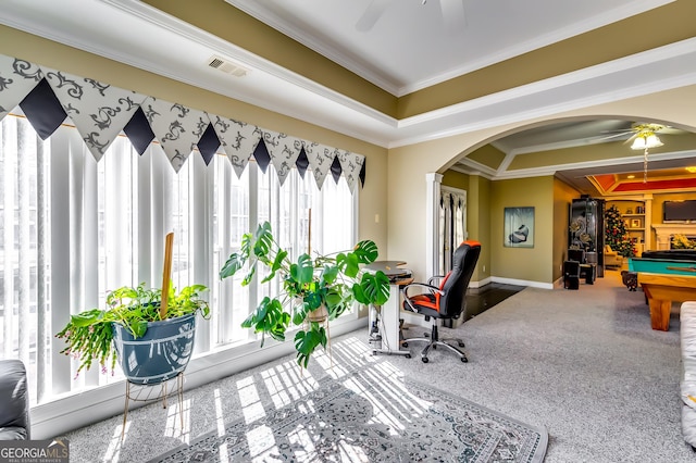 playroom featuring arched walkways, a tray ceiling, visible vents, ornamental molding, and billiards