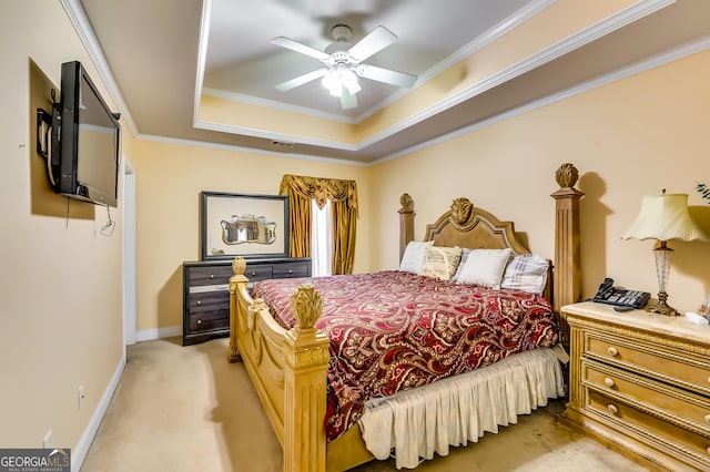 bedroom featuring crown molding, a raised ceiling, visible vents, light carpet, and baseboards