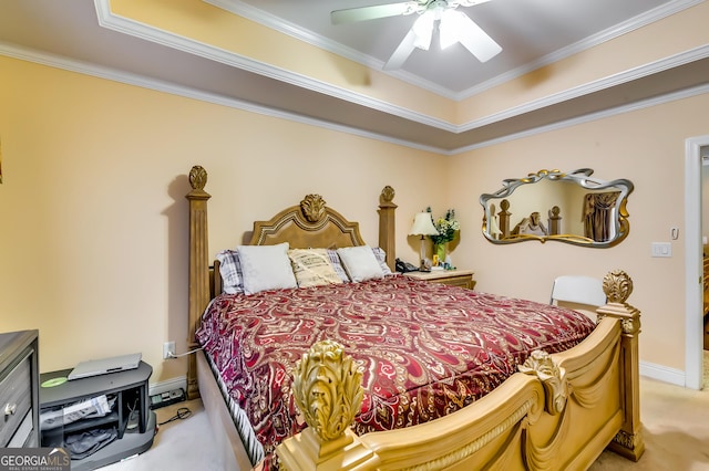 bedroom with a ceiling fan, light colored carpet, crown molding, and baseboards