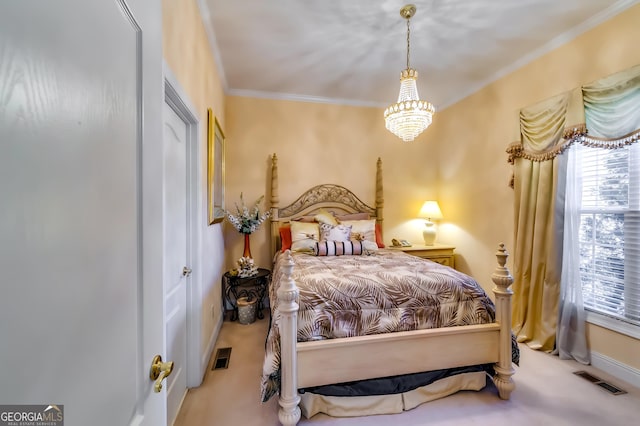 bedroom with a notable chandelier, carpet flooring, visible vents, and crown molding