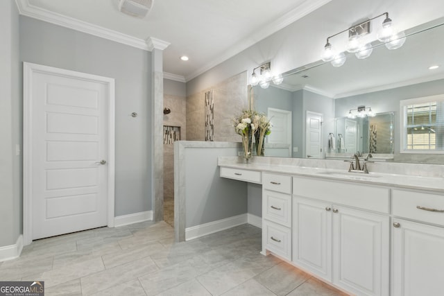 bathroom with ornamental molding, vanity, baseboards, and walk in shower