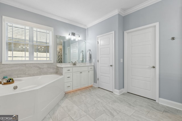 bathroom featuring baseboards, ornamental molding, a bath, and vanity