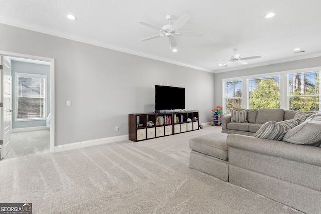 carpeted living area featuring baseboards, recessed lighting, and crown molding