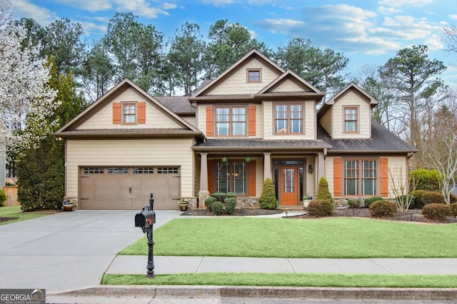 craftsman-style home featuring driveway, a garage, and a front lawn