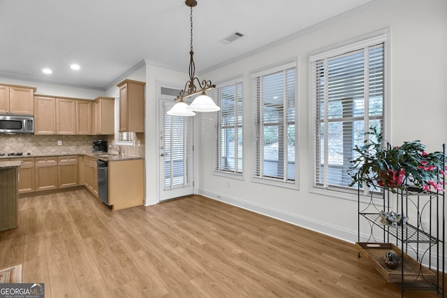 kitchen with light wood finished floors, visible vents, dishwasher, stainless steel microwave, and light brown cabinets