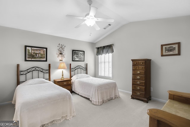 bedroom with ceiling fan, lofted ceiling, light carpet, visible vents, and baseboards