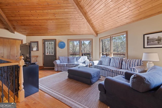 living room with light wood-type flooring, wood ceiling, and lofted ceiling with beams