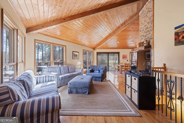 living area with high vaulted ceiling, wood ceiling, beam ceiling, and wood finished floors