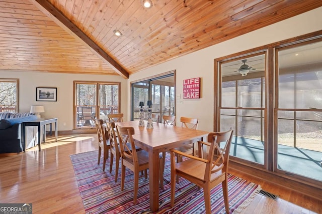 dining room featuring wood ceiling, wood finished floors, visible vents, and a healthy amount of sunlight