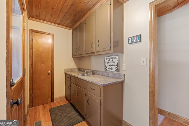 kitchen featuring light countertops, visible vents, light wood-style flooring, a sink, and wooden ceiling