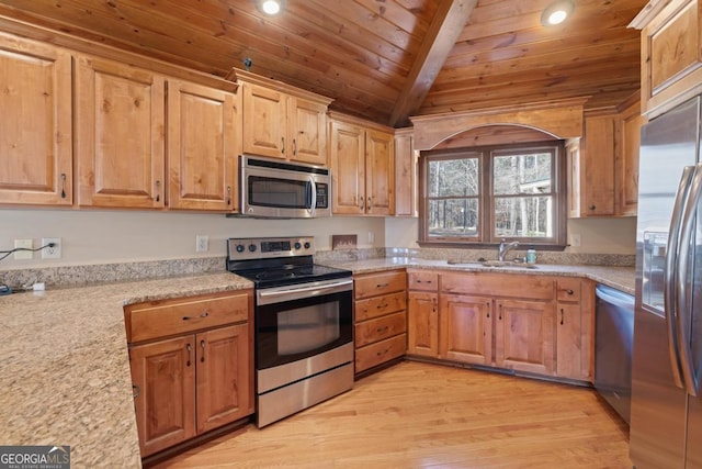 kitchen featuring a sink, wood ceiling, appliances with stainless steel finishes, light stone countertops, and light wood finished floors