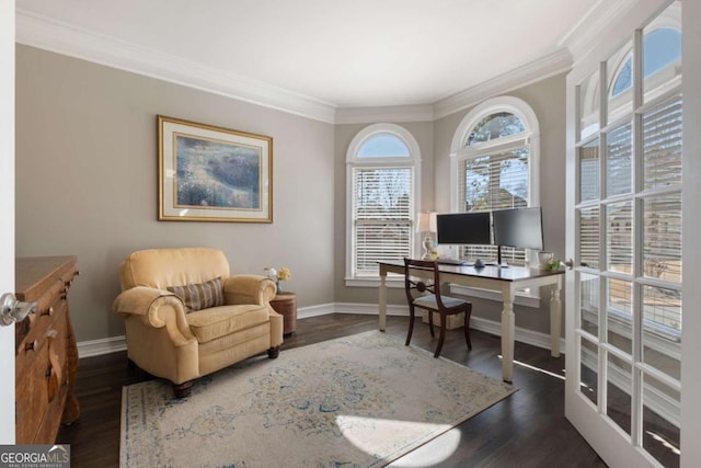 office with ornamental molding, wood finished floors, and baseboards