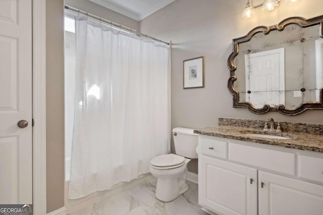 full bathroom with marble finish floor, toilet, ornamental molding, vanity, and baseboards