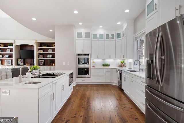 kitchen with dark wood-type flooring, stainless steel appliances, a sink, and open floor plan