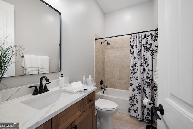 bathroom with toilet, tile patterned floors, shower / bathtub combination with curtain, and vanity