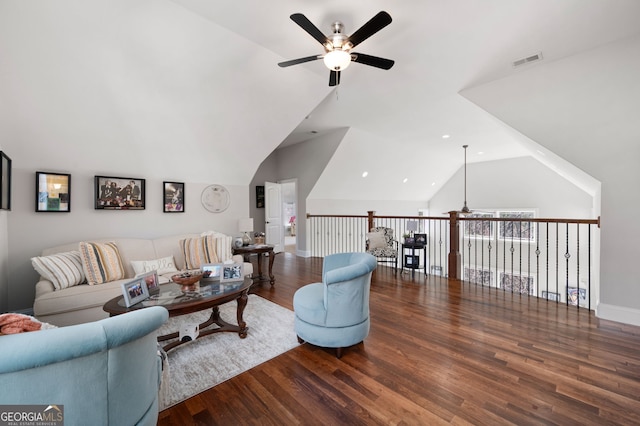 living room featuring high vaulted ceiling, a ceiling fan, visible vents, and wood finished floors