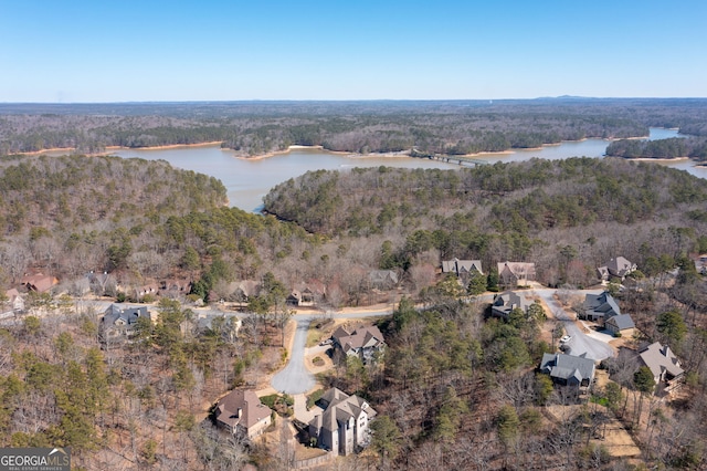 birds eye view of property featuring a water view and a forest view