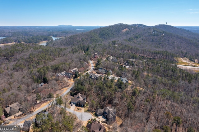 aerial view featuring a forest view and a mountain view