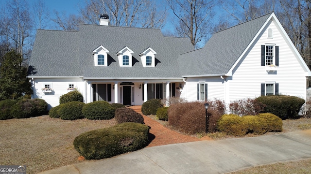 new england style home with a porch, roof with shingles, and a chimney