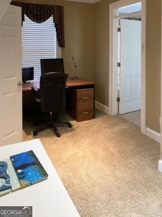 carpeted office with crown molding and baseboards