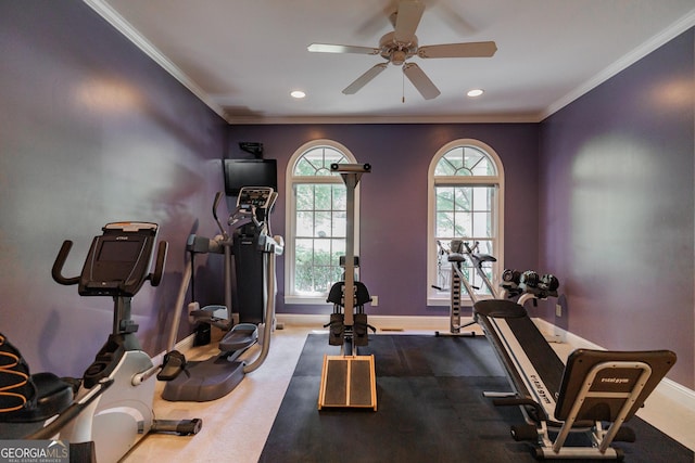 exercise area with ornamental molding, recessed lighting, ceiling fan, and baseboards