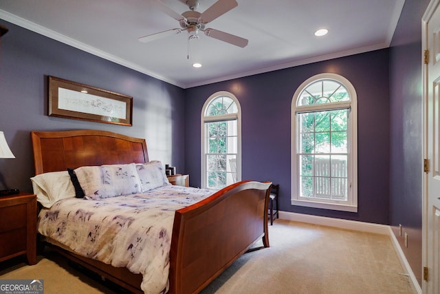 bedroom featuring baseboards, ornamental molding, recessed lighting, and light colored carpet