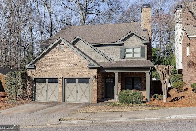 view of front of property with brick siding, a chimney, a shingled roof, concrete driveway, and a garage