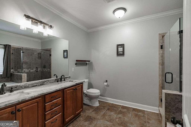 full bath with ornamental molding, a stall shower, a sink, and double vanity