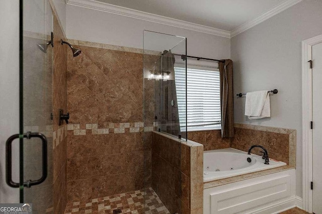 full bathroom with ornamental molding, a stall shower, and a jetted tub